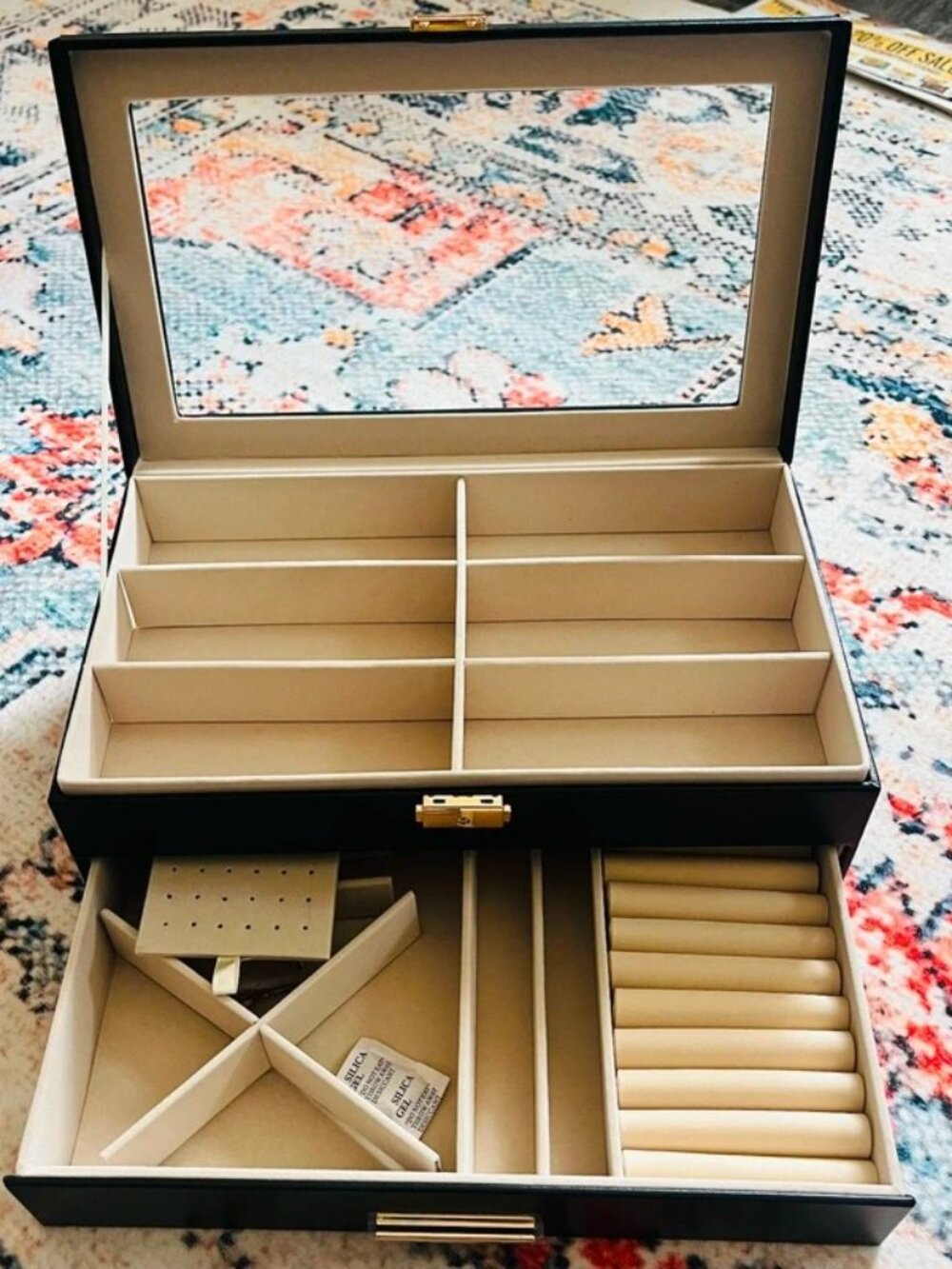 Black Jewelry Organizer Box with Glass Top and Gold Accents